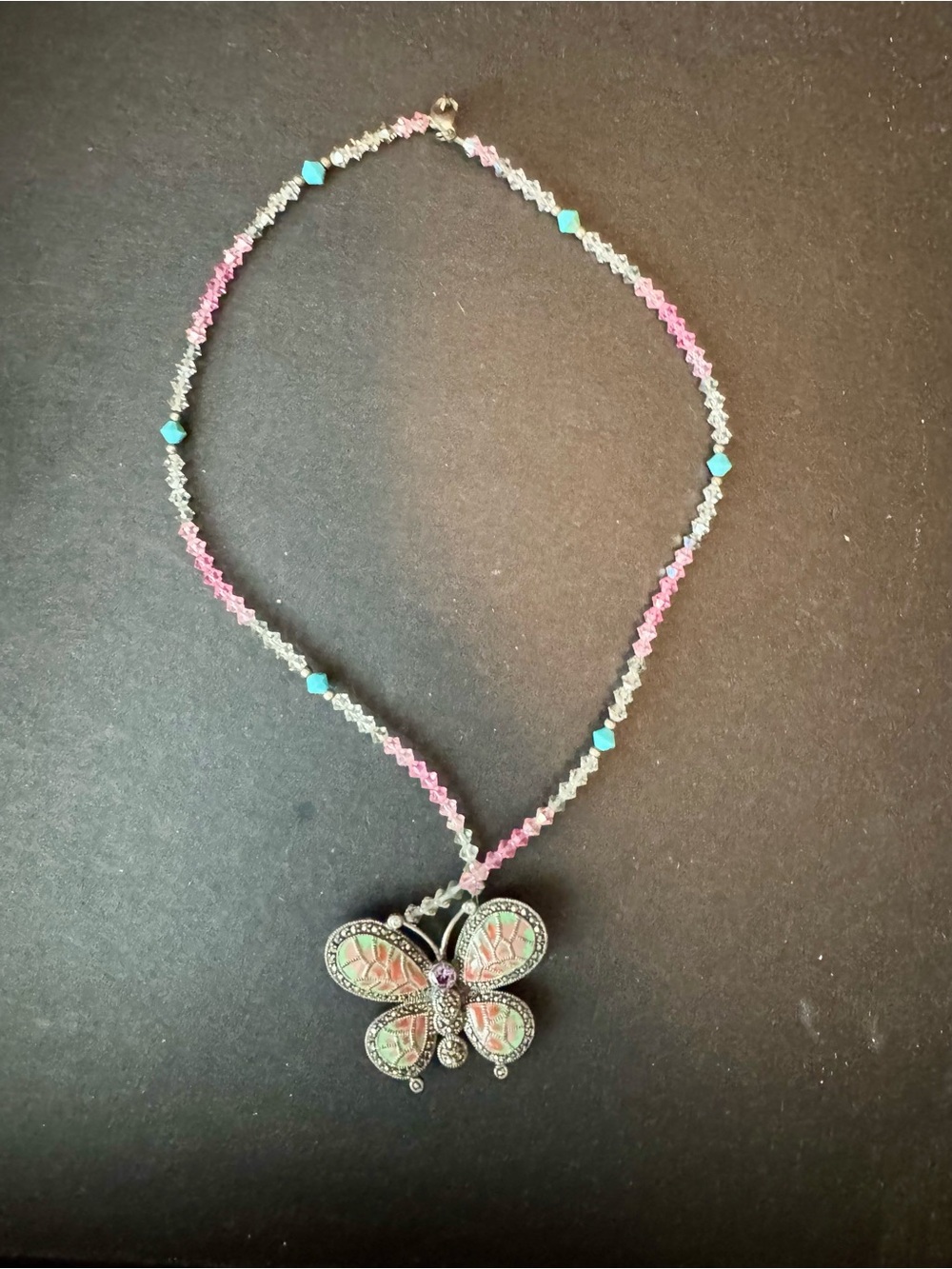 925 Sterling Silver Marcasite Enamel Butterfly Pendant Beaded Necklace Pink